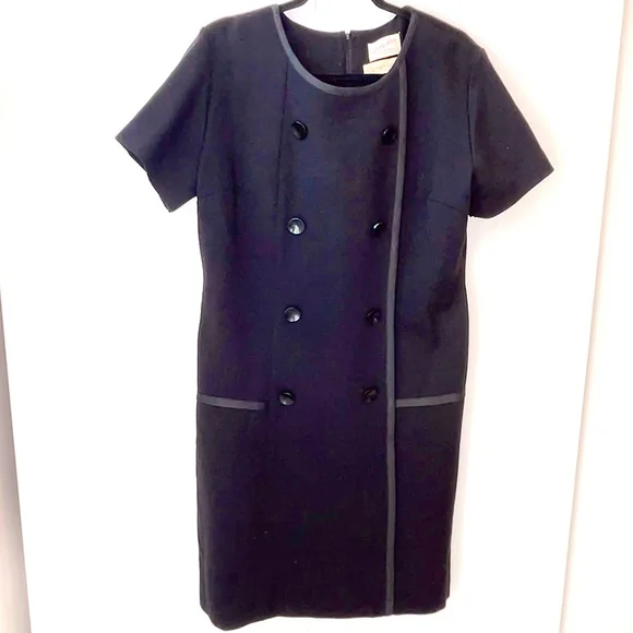 Vintage 1960s Black Wool Dress Mod Military Style Union Made in Canada approx 18 - Picture 3 of 14